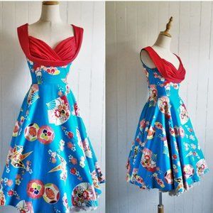 Trashy Diva Turquoise Geisha Fan Print Honey 1950's Inspired Dress, Size S